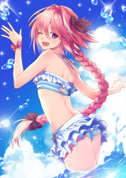 Rule 34 | 1boy, ;d, absurdres, arm up, ass, astolfo (fate), astolfo (sparkling frills) (fate), back, bare arms, bare shoulders, bikini, bikini skirt, black bow, blue bikini, blue sky, blush, bow, braid, braided ponytail, clothing cutout, cloud, day, dutch angle, fang, fate/apocrypha, fate/grand order, fate (series), from behind, hair between eyes, hair bow, hair intakes, heart cutout, highres, long hair, looking at viewer, looking back, male focus, multicolored hair, ocean, official alternate costume, one eye closed, open mouth, outdoors, pink bow, pink hair, purple eyes, satou iruno, single braid, sky, smile, solo, sparkle, splashing, streaked hair, striped bikini, striped clothes, swimsuit, thighs, trap, very long hair, water, white hair, wrist bow