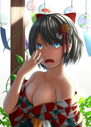 Rule 34 | 1girl, absurdres, aqua eyes, arm up, bare shoulders, bow, breasts, cleavage, hair ornament, hakama, hakama skirt, hand on own face, highres, hololive, japanese clothes, kimono, looking at viewer, oozora subaru, oozora subaru (new year), open mouth, outdoors, pmansuguru, post, red bow, short hair, skirt, solo, summer, sweat, virtual youtuber, white background, wind chime, wood