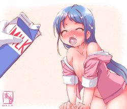 Rule 34 | 10s, 1girl, bare shoulders, blue hair, blush, box, closed eyes, commentary request, dated, full-face blush, gradient hair, highres, hood, hoodie, kanon (kurogane knights), kantai collection, leaning forward, long hair, milk, milk carton, multicolored hair, naked hoodie, no panties, open mouth, samidare (kancolle), sleeves rolled up, solo focus, suggestive fluid, swept bangs, very long hair