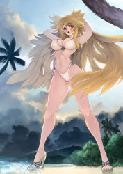 Rule 34 | 1girl, arm behind head, arms up, beach, bh001, bikini, blonde hair, blue eyes, blush, branch, breasts, bush, cleavage, cloud, cloudy sky, day, high heels, large breasts, legs, long hair, long legs, navel, o/, ocean, open mouth, open shoes, original, outdoors, outstretched arms, palm tree, shoes, sky, solo, swimsuit, thighs, tree, very long hair, water, white bikini