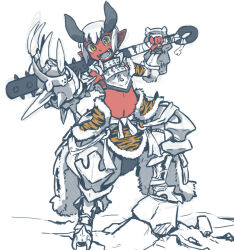 :d armor armored_boots boots breastplate breasts claw_(weapon) club club_(weapon) colored_skin commentary_request fangs gauntlets grey_tongue holding holding_club holding_weapon horns kamukamu6392 leg_up limited_palette looking_at_viewer navel oni open_mouth original pauldrons red_horns red_skin rock short_hair shoulder_armor sidelocks simple_background small_breasts smile spiked_club standing stomach tiger_skin weapon weapon_across_shoulders white_background white_hair yellow_eyes