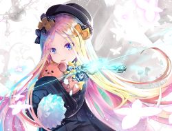 Rule 34 | 2girls, abigail williams (fate), black bow, black dress, black hat, blonde hair, blue eyes, bow, bug, butterfly, commentary request, cross, dress, fate/grand order, fate (series), forehead, glint, hair bow, hat, head tilt, highres, horns, hugging object, insect, key, lavinia whateley (fate), long hair, long sleeves, looking at viewer, multiple girls, orange bow, parted bangs, parted lips, print bow, sho (runatic moon), single horn, sleeves past wrists, smile, solo focus, star (symbol), star print, stuffed animal, stuffed toy, teddy bear, very long hair