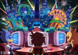 Rule 34 | 1boy, 1girl, 1other, absurdres, aerial fireworks, androgynous, animal ears, antlers, artist name, beak, berdly (deltarune), bird boy, blonde hair, blue screen of death, blue skin, brown hair, building, castle, chair, city, city lights, colored skin, commentary request, computer, crt, deer ears, deer girl, deltarune, desk, facing away, ferris wheel, fireworks, frisk (undertale), from behind, furry, furry female, furry male, glasses, green sweater, highres, horns, keyboard (computer), long hair, mouse (computer), noelle holiday, on chair, roller coaster, round eyewear, shaded face, shirt, short hair, sitting, static, sweater, traffic light, upper body, watawata22, white shirt