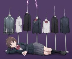 Rule 34 | 1girl, black jacket, blue jacket, bow, brown eyes, brown hair, cellphone, closed mouth, collared shirt, grey skirt, holding, holding phone, jacket, kneehighs, loafers, long sleeves, looking at viewer, lying, on side, original, phone, plaid, plaid bow, pleated skirt, school uniform, shirt, shoes, short hair, skirt, smartphone, socks, solo, track jacket, white shirt, yajirushi (chanoma)