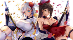 Rule 34 | 2girls, arm support, azur lane, bare shoulders, blue eyes, blurry, blush, breasts, brown hair, cleavage, closed mouth, collarbone, covered navel, depth of field, dress, falling leaves, flower, gluteal fold, grin, hair flower, hair ornament, hair ribbon, highres, japanese clothes, katana, kimono, large breasts, leaf, long hair, long sleeves, looking at viewer, mole, mole under eye, multiple girls, off shoulder, open clothes, panties, parted lips, ponytail, red dress, red ribbon, ribbon, ribbon trim, satou daiji, sheath, sheathed, short dress, short hair, shoukaku (azur lane), simple background, smile, sword, teeth, thigh strap, thighhighs, underwear, upskirt, very long hair, weapon, white background, white hair, white kimono, white legwear, white panties, yellow eyes, zuikaku (azur lane)