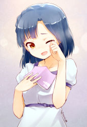 Rule 34 | 10s, 1girl, 2015, ;d, blue hair, blush, book, bow, braid, dated, dress, gradient background, holding, holding book, idolmaster, idolmaster million live!, nagian, nanao yuriko, one eye closed, open book, open mouth, smile, solo, tears, wiping tears, yellow eyes