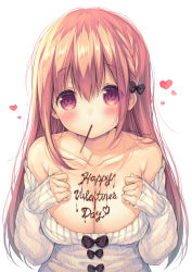 Rule 34 | 1girl, blush, bow, braid, breasts, brown eyes, brown hair, cleavage, collarbone, food, hair bow, highres, hinako note, large breasts, long hair, looking at viewer, march-bunny, pocky, sakuragi hinako, simple background, solo, sweater, upper body, valentine, white background