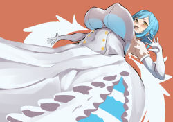 Rule 34 | 1girl, blue hair, blush, braid, breasts, brown eyes, commentary request, covered navel, dress, from below, huge breasts, long hair, looking at viewer, looking down, moira (nijisanji), mole, mole under mouth, nijisanji, nuezou, orange background, simple background, smile, solo, virtual youtuber, white background, white dress