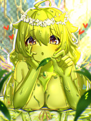 Rule 34 | 1girl, bikini, bikini top only, breasts, brown eyes, character request, cleavage, colored skin, flower, green hair, green skin, hair between eyes, hair flower, hair ornament, head rest, head wreath, heart, highres, holding, holding leaf, junkpicture, large breasts, leaf, long sleeves, looking at viewer, lying, monster girl, monster musume td, on stomach, rin (monmusu td), slime girl, swimsuit, wet