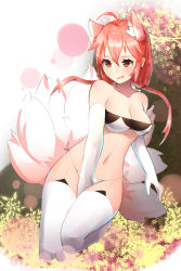 Rule 34 | 1girl, animal ears, bad id, bad pixiv id, bandeau, breasts, cleavage, elbow gloves, field, flower, flower field, fox ears, fox tail, garter straps, gloves, highres, low twintails, multiple tails, open mouth, original, panties, red eyes, red hair, side-tie panties, solo, ss0l (skghek), standing, standing on one leg, tail, thighhighs, twintails, underwear, white gloves, white thighhighs