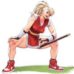 Rule 34 | 1girl, blonde hair, blue eyes, breasts, capcom, collarbone, final fight, genryuusai maki, highres, holding, holding weapon, japanese clothes, large breasts, long hair, medium breasts, muscular, muscular female, ogami, open mouth, pelvic curtain, ponytail, shoes, simple background, sneakers, solo, street fighter, teeth, thick thighs, thighs, tonfa, weapon, white background