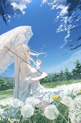 Rule 34 | 1girl, absurdres, bare shoulders, barefoot, cloud, commentary, dandelion, day, detached sleeves, dress, flower, from side, grass, highres, holding, holding flower, holding umbrella, lace-trimmed umbrella, long hair, looking afar, original, outdoors, scenery, sitting, sky, solo, symbol-only commentary, tngn96, tree, umbrella, very long hair, wariza, white dress, white hair, yellow eyes