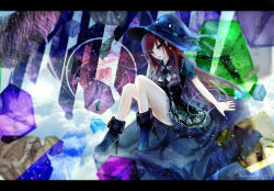 Rule 34 | 1girl, absurdres, erza scarlet, fairy tail, hat, head tilt, highres, letterboxed, long hair, looking at viewer, looking to the side, matching hair/eyes, parted lips, red eyes, red hair, sanae (jomill04), sitting, solo, witch hat