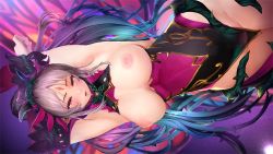 Rule 34 | 1girl, arms up, breasts, breasts out, curvy, fairy wings, fire emblem, fire emblem heroes, grey hair, large breasts, leotard, long hair, lying, nintendo, nipples, nyc, on back, open mouth, plant, plumeria (fire emblem), pointy ears, ponytail, red eyes, sleeveless, solo, torn clothes, torn leotard, vines, wide hips, wings