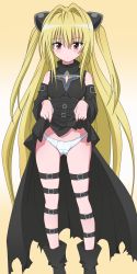 Rule 34 | 00s, 1girl, blonde hair, blush, clothes lift, colorized, highres, konjiki no yami, legs, long hair, panties, red eyes, skirt, skirt lift, solo, thigh strap, to love-ru, twintails, two side up, underwear, very long hair