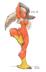 Rule 34 | 1girl, animal feet, animal hands, armpits, arms up, artist name, beak, bird girl, bird tail, blaziken, blonde hair, blue eyes, blush, body fur, breasts, claws, colored sclera, creatures (company), dated, female focus, full body, furry, furry female, game freak, gen 3 pokemon, groin, highres, japanese text, leg up, legs, light blush, long hair, looking at viewer, medium breasts, navel, nintendo, no nipples, open mouth, pokemon, pokemon (creature), red fur, signature, simple background, solo, standing, standing on one leg, stomach, tail, thighs, toned, translation request, two-tone fur, white background, yellow fur, yellow sclera, yin yang, zen migawa