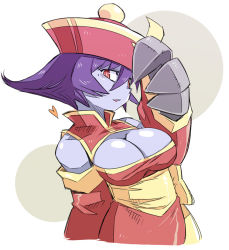 Rule 34 | 1girl, blue skin, breasts, capcom, chinese clothes, claws, cleavage, cleavage cutout, clothing cutout, colored skin, hat, heart, jiangshi, large breasts, lei lei, looking at viewer, mimura ryou, mole, ofuda, open mouth, purple hair, qingdai guanmao, red eyes, ryouchin, short hair, solo, vampire (game)