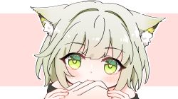 Rule 34 | 1boy, 1girl, absurdres, animal ear fluff, animal ears, arknights, bare shoulders, biting, blush, closed mouth, doctor (arknights), dress, finger biting, green dress, green eyes, grey hair, heart, heart-shaped pupils, highres, kal&#039;tsit (arknights), looking at viewer, off-shoulder jacket, off shoulder, out of frame, outline, pink background, simple background, solo focus, symbol-shaped pupils, two-tone background, white background, white outline, xiguadudepaozhi