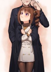 Rule 34 | 1boy, 1girl, brown hair, closed mouth, clothes pull, coat, cowboy shot, crossed arms, double-breasted, drill hair, drill ponytail, head out of frame, idolmaster, idolmaster million live!, idolmaster million live! theater days, kamille (vcx68), looking up, medium hair, pantyhose, ponytail, purple eyes, scratching cheek, scrunchie, side ponytail, sidelocks, simple background, thigh gap, trench coat, turtleneck, yokoyama nao
