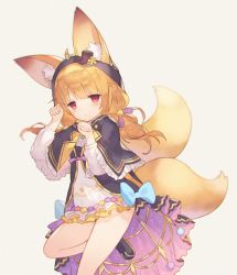 Rule 34 | 1girl, animal ear fluff, animal ears, bare legs, blonde hair, capelet, commentary request, dress, expressionless, flower knight girl, fox ears, fox tail, frilled capelet, frilled dress, frills, hair ribbon, hairband, hat, hood, hood up, jacket, kitsune no botan (flower knight girl), long hair, long sleeves, mini hat, mini top hat, multiple tails, parted lips, red eyes, ribbon, short dress, tail, top hat, two tails, zhuzi