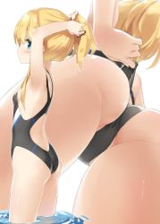 Rule 34 | 1girl, adjusting clothes, adjusting swimsuit, armpits, arms up, ass, black one-piece swimsuit, blonde hair, blue eyes, blurry, breasts, competition swimsuit, cowboy shot, depth of field, from below, from side, hair between eyes, kani biimu, looking at viewer, mtu virus, multiple views, one-piece swimsuit, original, profile, shimotsuki potofu, sidelocks, simple background, small breasts, swimsuit, thighs, tying hair, wading, white background