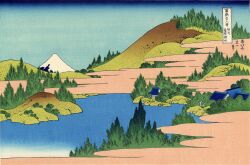 Rule 34 | absurdres, blue sky, cloud, fine art parody, gradient sky, highres, hill, hokusai, house, japan, japanese text, lake, landscape, mount fuji, mountain, nihonga, no humans, original, parody, rooftop, scenery, sky, thirty-six views of mount fuji, traditional media, tree, ukiyo-e, volcano, water