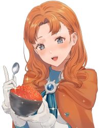 Rule 34 | 1girl, annette fantine dominic, blue eyes, bowl, fire emblem, fire emblem: three houses, fish (food), gloves, highres, holding, holding bowl, holding spoon, ikura (food), niko (aiai03012), nintendo, open mouth, orange hair, roe, simple background, solo, spoon, upper body, white background, white gloves