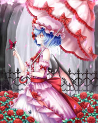 Rule 34 | 1girl, absurdres, bad id, bad pixiv id, bat wings, blue hair, bug, butterfly, butterfly on hand, detached sleeves, dress, embellished costume, fence, flower, frilled dress, frills, hat, highres, bug, mob cap, parasol, petals, red eyes, remilia scarlet, rose, sheya, short hair, solo, touhou, umbrella, wings, wrist cuffs
