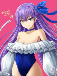 Rule 34 | 1girl, bare shoulders, blue eyes, blue one-piece swimsuit, blue ribbon, breasts, choker, closed mouth, covered navel, fate/grand order, fate (series), frills, hair between eyes, hair ribbon, haura akitoshi, highleg, highleg swimsuit, licking lips, long hair, long sleeves, looking at viewer, meltryllis, meltryllis (fate), meltryllis (swimsuit lancer) (fate), meltryllis (swimsuit lancer) (second ascension) (fate), one-piece swimsuit, pink background, puffy sleeves, purple hair, ribbon, simple background, sleeves past fingers, sleeves past wrists, small breasts, smile, solo, swimsuit, tongue, tongue out, twitter username, very long hair