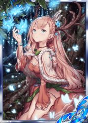 Rule 34 | 1girl, akkijin, antlers, blue eyes, blue flower, breasts, brown hair, bug, butterfly, cape, card (medium), cleavage, deer antlers, dress, flower, forest, horns, insect, looking up, nature, official art, red dress, seiza, shinkai no valkyrie, sitting