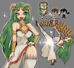 Rule 34 | 1girl, 2boys, armlet, black hair, breasts, brown hair, chibi, chibi inset, commentary, contrapposto, dark pit, diadem, dress, english commentary, english text, eyelashes, gauntlets, green eyes, green hair, grey background, hand on own hip, highres, holding, holding staff, jewelry, kid icarus, kid icarus uprising, light censor, long hair, medium breasts, multiple boys, necklace, nintendo, open mouth, palutena, pit (kid icarus), simple background, sindows10, single thighhigh, sobbing, sparkle, staff, super smash bros., thighhighs, v, white dress, white thighhighs, wings