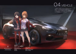 Rule 34 | 2girls, black eyes, black hair, breasts, brown eyes, brown hair, car, english text, hands in pockets, holding, holding phone, jacket, koh (minagi kou), letterboxed, loafers, maserati, maserati ghibli, medium breasts, motor vehicle, multiple girls, open clothes, open jacket, original, pantyhose, parted bangs, phone, pleated skirt, red legwear, scarf, shirt, shoes, short hair, skirt, standing, translation request, vehicle focus, white shirt