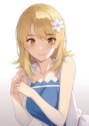 Rule 34 | 1girl, absurdres, bare shoulders, blonde hair, blush, breasts, closed mouth, flower, hair flower, hair ornament, highres, isshiki iroha, large breasts, looking at viewer, short hair, smile, solo, upper body, yahari ore no seishun lovecome wa machigatteiru., yellow eyes, yykuaixian