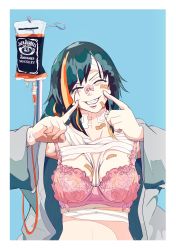 Rule 34 | 1girl, absurdres, assault rifle, bandages, bandaid, bandaid on face, blue eyes, border, bra, breasts, cleavage, collarbone, closed eyes, fingersmile, girls&#039; frontline, green hair, gun, highres, intravenous drip, jack daniel&#039;s, lace, lace-trimmed bra, lace trim, long hair, m16, m16a1 (girls&#039; frontline), medium breasts, multicolored hair, open clothes, orange hair, pink bra, pink hair, rifle, smile, solo, streaked hair, todoroki mushi, underwear, upper body, weapon, white border