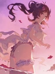 Rule 34 | 1girl, absurdres, animal ears, arknights, ass, bare shoulders, bikini, bridal garter, brown hair, closed mouth, evening, eyjafjalla (arknights), eyjafjalla (summer flower) (arknights), floating hair, flower, frills, from side, gradient sky, hibiscus, highres, long hair, looking at viewer, looking to the side, nakatsuka123, off-shoulder bikini, off shoulder, official alternate costume, outdoors, pink bikini, pink sky, plaid, plaid bikini, purple eyes, red flower, sheep ears, sheep girl, sheep tail, sky, smile, solo, sunlight, sunset, swimsuit, swimsuit cover-up, tail, wading, water, wind