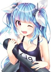 Rule 34 | 10s, 1girl, blue hair, hair ribbon, highres, i-19 (kancolle), kantai collection, long hair, ntk (7t5), one eye closed, open mouth, red eyes, ribbon, smile, solo, swimsuit, torpedo, twintails