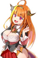 Rule 34 | 1girl, ahoge, black bow, black hairband, black jacket, blonde hair, blouse, blunt bangs, blush, bow, bowtie, braid, breasts, bright pupils, brooch, chain, chain necklace, cleavage, cleavage cutout, clothing cutout, collared shirt, commentary request, diagonal-striped bow, dragon girl, dragon horns, dragon tail, dragon wings, fang, gradient eyes, hair ornament, hairband, hand on own hip, highres, hip vent, hololive, horn bow, horn ornament, horns, jacket, jewelry, kiryu coco, kiryu coco (1st costume), large breasts, long hair, looking at viewer, miniskirt, multicolored bow, multicolored eyes, multicolored hair, necklace, open mouth, orange hair, pleated skirt, pointy ears, purple eyes, red eyes, red skirt, scales, shirt, side-tie skirt, side braid, simple background, single braid, skin fang, skirt, smile, solo, streaked hair, striped, tail, upper body, virtual youtuber, white bow, white shirt, wings, yuyaiyaui