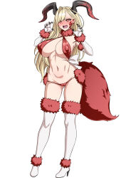 Rule 34 | 1girl, @ @, animal ears, asymmetrical bangs, bare shoulders, blonde hair, blush, bow, breasts, cameltoe, cleavage, cleft of venus, cosplay, covered erect nipples, elbow gloves, facial mark, fate/grand order, fate (series), full body, fur-trimmed gloves, fur-trimmed legwear, fur collar, fur trim, gloves, hair over one eye, highres, horns, large breasts, long hair, looking at viewer, mash kyrielight, mash kyrielight (dangerous beast), mash kyrielight (dangerous beast) (cosplay), muta poo, navel, nero claudius (fate), nero claudius (fate) (all), o-ring, open mouth, panties, pointy ears, queen draco (fate), queen draco (third ascension) (fate), red eyes, red panties, revealing clothes, solo, tail, thighhighs, underwear, white gloves, white thighhighs, wolf ears, wolf tail