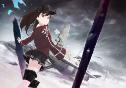 Rule 34 | 10s, 1girl, aircraft, airplane, blockhead bh, broken, brown eyes, brown hair, dutch angle, japanese clothes, kantai collection, kariginu, looking at viewer, looking to the side, pleated skirt, ryuujou (kancolle), skirt, solo, twintails