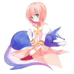Rule 34 | 00s, 1girl, bad id, bad pixiv id, estellise sidos heurassein, gloves, green eyes, koto (colorcube), looking at viewer, pink hair, repede (tales), short hair, simple background, sitting, tales of (series), tales of vesperia, white gloves