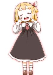 Rule 34 | 1girl, :d, ^ ^, black dress, blonde hair, bow, chibi, closed eyes, dress, facing viewer, hair bow, long sleeves, open mouth, pointing, pointing at self, red bow, roco (katsuya1011), rumia, short hair, simple background, smile, solo, touhou, white background
