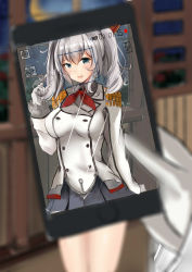 Rule 34 | 10s, 1girl, absurdres, anchor symbol, ascot, beret, blue eyes, blurry, breasts, buttons, cellphone, depth of field, double-breasted, epaulettes, frilled sleeves, frills, gloves, grey eyes, grey hair, twirling hair, hat, highres, jacket, kantai collection, kashima (kancolle), large breasts, long hair, long sleeves, looking at viewer, miniskirt, out of frame, phone, pov, pov hands, recording, sidelocks, sketch, skirt, slm, solo focus, time, timestamp, twintails, viewfinder, wavy mouth, white gloves