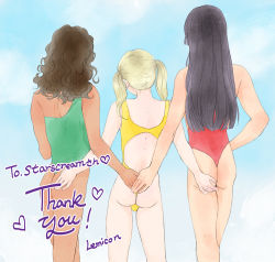 Rule 34 | 3boys, ass, black hair, blonde hair, bulge, crossdressing, english text, from behind, hand on another&#039;s ass, lemicon, long hair, male focus, multiple boys, original, swimsuit, trap, twintails, yaoi