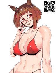 Rule 34 | 1girl, absurdres, alternate costume, bare shoulders, bikini, blush, breasts, brown hair, cleavage, closed mouth, commentary request, ear ornament, glasses, hair between eyes, highres, large breasts, minew, multicolored hair, navel, qr code, red-framed eyewear, red bikini, red eyes, short hair, simple background, smile, solo, streaked hair, swimsuit, tongue, tongue out, transcend (umamusume), umamusume, white background, white hair