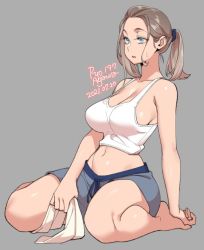 Rule 34 | 1girl, :o, agawa ryou, bare shoulders, blue eyes, breasts, brown hair, cleavage, collarbone, commentary, dated, grey background, grey shorts, groin, hair ornament, large breasts, medium hair, midriff, navel, open mouth, original, ponytail, scrunchie, shirt, shorts, sideboob, sidelocks, simple background, sitting, solo, sweatdrop, tank top, wariza, white shirt