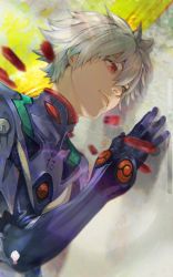 Rule 34 | 1boy, absurdres, closed mouth, commentary, evangelion: 3.0 you can (not) redo, floating, hair between eyes, highres, huge filesize, kyuuba melo, light smile, male focus, nagisa kaworu, neon genesis evangelion, plugsuit, rebuild of evangelion, red eyes, smile, solo, turtleneck, upper body, white hair