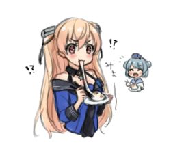 Rule 34 | !?, 2girls, animal, animal on head, black ribbon, blue hair, blue sailor collar, blue shirt, chopsticks, dixie cup hat, double bun, eating, food, hair bun, hat, johnston (kancolle), kantai collection, light brown hair, long hair, long sleeves, military hat, mochi, multiple girls, nuno (pppompon), off shoulder, on head, plate, purple eyes, ribbon, sailor collar, samuel b. roberts (kancolle), school uniform, serafuku, shirt, short hair, simple background, sleeve cuffs, twintails, two side up, whale, white background, white hat, white shirt