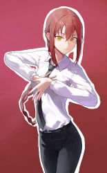 Rule 34 | 1girl, absurdres, black necktie, black pants, braid, chainsaw man, closed mouth, collared shirt, commentary, cowboy shot, english commentary, highres, long hair, long sleeves, looking at viewer, mac star, makima (chainsaw man), necktie, own hands together, pants, red background, red hair, ringed eyes, shirt, shirt tucked in, simple background, single braid, solo, white shirt, yellow eyes