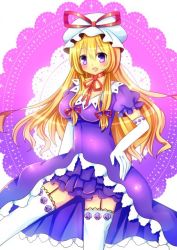 Rule 34 | 1girl, blonde hair, blush, bow, breasts, chocolat (momoiro piano), choker, dress, elbow gloves, frilled skirt, frills, garter straps, gloves, hair bow, hand on own hip, hat, hat ribbon, large breasts, leg up, long hair, looking at viewer, mob cap, open mouth, puffy short sleeves, puffy sleeves, purple dress, purple eyes, ribbon, ribbon choker, short sleeves, skirt, smile, solo, thighhighs, touhou, very long hair, white thighhighs, yakumo yukari