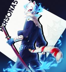 Rule 34 | 10s, 1boy, black pants, blue gloves, blue hair, copyright name, fake tail, fire, fox mask, fox tail, from behind, gloves, holding, holding sword, holding weapon, katana, kitagawa yuusuke, looking at viewer, looking back, male focus, mask, pants, persona, persona 5, sheath, sheathed, solo, standing, star (symbol), sword, tail, wai, weapon